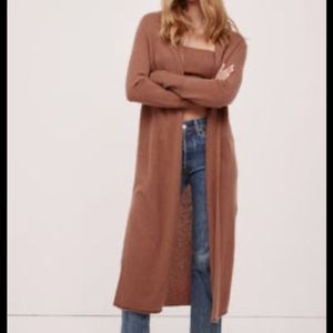 Long Open-Front Knit Cardigan in Brown